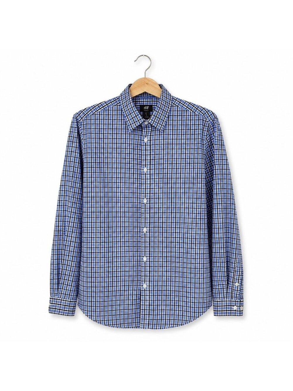 H&M Slim Fit Men Medium Button Down Black Blue White Checkered Long Sleeve Shirt